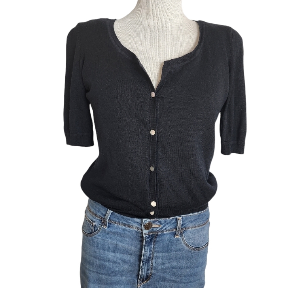 Talbots Classic Silk & Cotton Pearl Button Lined Elbow Sleeve Cardigan Size S